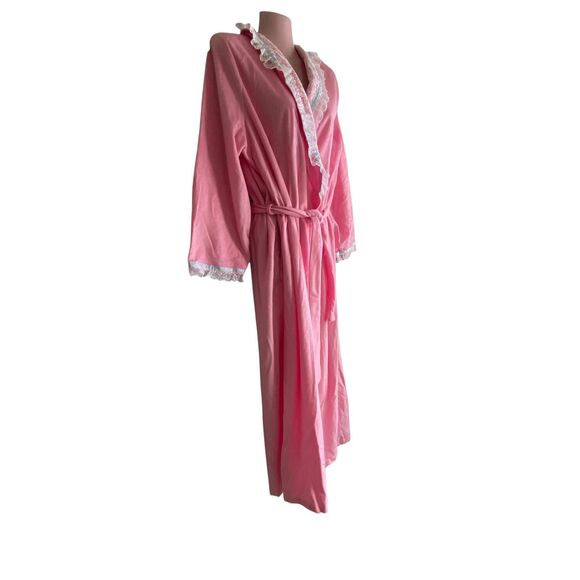 Vintage JJM New York Robe Womens Size 40 Pink Lace Trim Maxi Belted Made USA 70s - Picture 2 of 8
